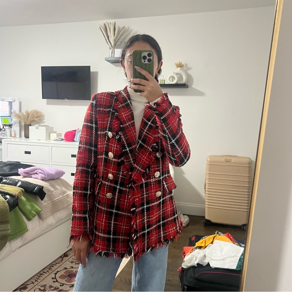 Aqua red and black plaid blazer coat
